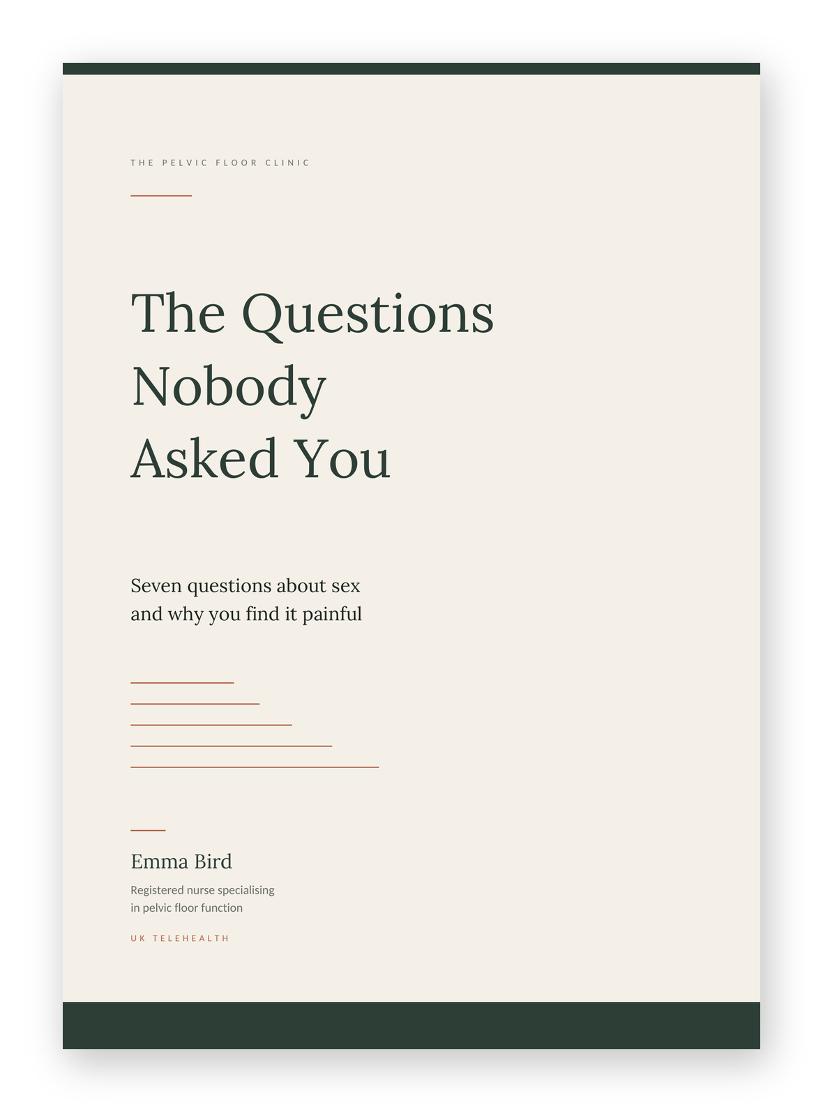Cover of the free PDF: The Questions Nobody Asked You, 7 questions about sex and why you find it painful, by Emma Bird