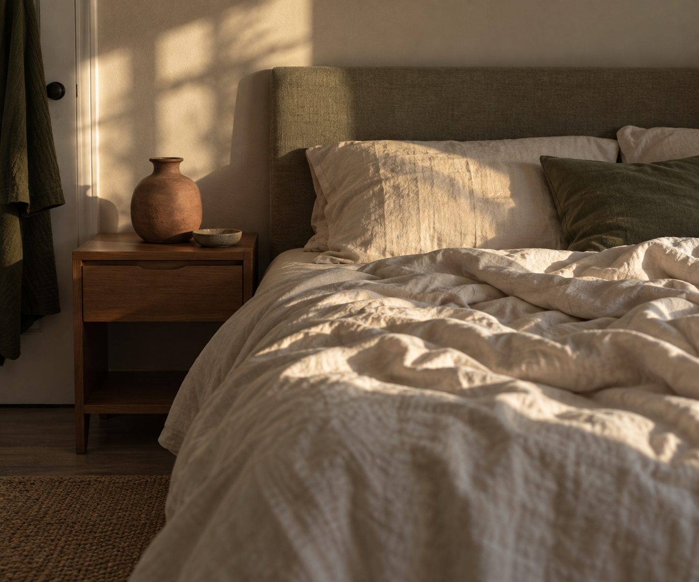 A quiet bedroom in warm afternoon light, with rumpled linen bedding, a wooden bedside table and a terracotta vase